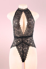 Zoe Black lace Bodysuit Teddy Lingerie with Plunging Neckline  actual product picture on a mannequin front view 