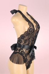Victoria Plunging Black Lace Plus Size Bodysuit Teddy Lingerie actual product picture on a mannequin quarter side view 