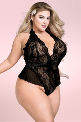 Victoria Plunging Black Lace Plus Size Bodysuit Teddy Lingerie  worn by a model quarter side view 