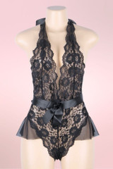 Victoria Plunging Black Lace Plus Size Bodysuit Teddy Lingerie  actual product picture on a mannequin front view 