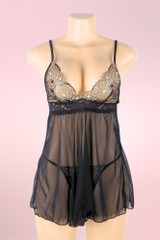 Aurelia Black Gold Accent elegant babydoll Lingerie  actual product picture on a mannequin front view 