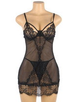 Adele Black Lace Plus Size Lingerie with embroidered floral lace and see through body actual product photo on a mannequin front view