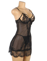 Adele Black Lace Plus Size Lingerie with embroidered floral lace and see through body actual product photo on a mannequin quarter side view