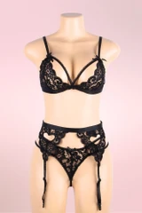 Lacie Heart Black Lace Bra Garter Belt Panty Lingerie Set  actual product picture on a mannequin front view 