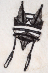 Evanna Lace Bralette Strappy Garter Thong Lingerie Set