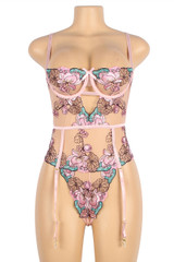 Antoinette Pink Floral Sheer Mesh Garter Teddy Plus Size
