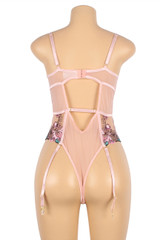 Antoinette Pink Floral Sheer Mesh Garter Teddy Plus Size
