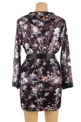 Paulina Black Floral Satin Kimono Robe