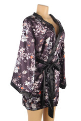 Paulina Black Floral Satin Kimono Robe