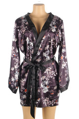 Paulina Black Floral Satin Kimono Robe