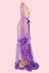 Gwyneth Amethyst Sheer Retro Glam Marabou Long Night Gown