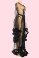 Gwyneth Black Sheer Retro Glam Marabou Long Night Gown