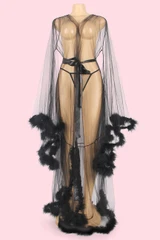Gwyneth Black Sheer Retro Glam Marabou Long Night Gown