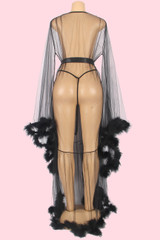 Gwyneth Black Sheer Retro Glam Marabou Long Night Gown