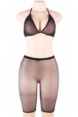 Glam Sparkle Black Fishnet Bra Shorts Bodystockings