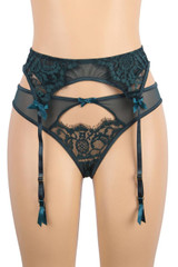 Yolanda Teal Green Eyelash Lace  Plus Size Garter Belt Panty Set