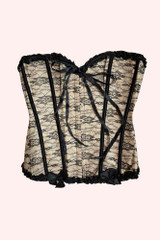 Beige lace overlay burlesque bustier Corset top actual product photo, front view