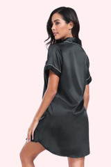 Darla Black Satin Pajama Button Down Silky Sleepwear Dress worn by a model back view