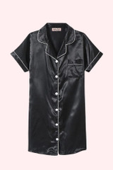 Darla Black Satin Pajama Button Down Silky Sleepwear Dress worn actual product flat lay photo front view