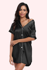 Darla Black Satin Pajama Button Down Silky Sleepwear Dress worn by a model revealing one shoulder