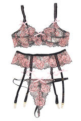 Divina Pink Floral Sheer Bra Garter Belt Set Plus