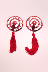 Round Red and White Sequin Target Reusable  Nipple Pasties with Tassel  actual product picture 