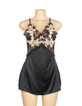 actual product picture of the Maisie Black Satin Lingerie with Beige Lace Embroidery on a mannequin, front view