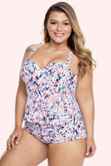 Abstract Print Halter Underwire Peplum Tankini 2 Pc  Plus Size Swimsuit 3XL