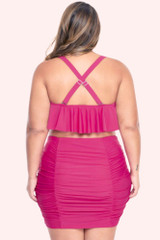 Fuchsia Flounce Ruffle 2 Pc Skirt Retro Plus Size Swimsuit 3XL