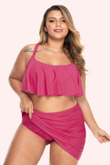 Fuchsia Flounce Ruffle 2 Pc Skirt Retro Plus Size Swimsuit 3XL