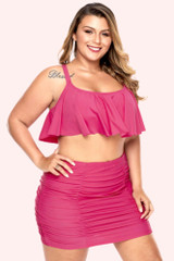 Fuchsia Flounce Ruffle 2 Pc Skirt Retro Plus Size Swimsuit 3XL