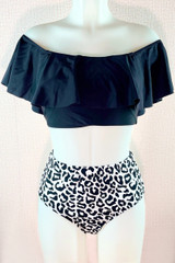 Shirley Black Off Shoulder Flounce High Waisted Two Piece swimsuit  actual product picture on a mannequin front view 