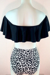 Shirley Black Off Shoulder Flounce High Waisted Two Piece swimsuit  actual product picture on a mannequin backview 