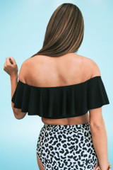 Shirley Black Off Shoulder Flounce High Waisted Two Piece swimsuit  worn by a model back view 