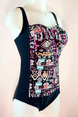 Imani Tiki Ethnic Print Retro One Piece Swimsuit actual product picture on a mannequin quarter side view 