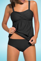 Avril Black Push-up Twist Tankini 2 Piece Swimsuit  worn by a model front view 
