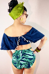 Mailey Navy Pompom Off Shoulder High Waist Tropical Print bikini Set