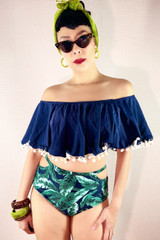 Mailey Navy Pompom Off Shoulder High Waist Tropical Print bikini Set