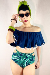 Mailey Navy Pompom Off Shoulder High Waist Tropical Print bikini Set