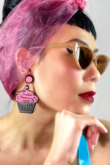 Pink Silver Cupcake Glitter Retro Stud Acrylic  Perspex Dangling Earrings