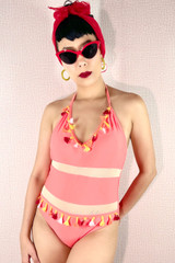 Carmencita Coral Pink Halter Padded Low Back Tassel Retro One Piece Swimsuit