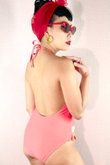 Carmencita Coral Pink Halter Padded Low Back Tassel Retro One Piece Swimsuit