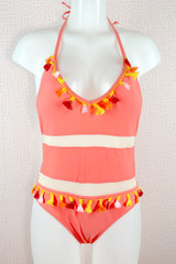 Carmencita Coral Pink Halter Padded Low Back Tassel Retro One Piece Swimsuit