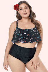Vyrna Skull Key Retro Rockabilly Flounce top Highwaist Bikini Set