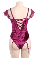 Celeste Wine Velvet lace Cups Velvet Bodysuit with garter suspender on a mannequin back view