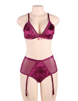 Celeste Wine velvet Bra High Waist Panty Garter Suspender Lingerie Set actual product photo on a mannequin front view