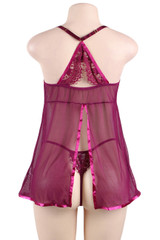 Celeste Wine Red Magenta Velvet and lace Babydoll Lingerie actual product photo on a mannequin back view