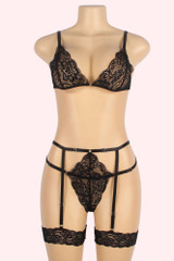 Actual product picture of Sydney Black Lace Bra and Panty Lingerie Set with garter Belt on a mannequin front view