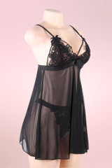 Dana Embroidered Lace Sheer Black Plus Size Babydoll Lingerie actual product picture on a mannequin quarter side view 