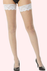 White lace top medium fishnet thigh high stockings worn by a model front view